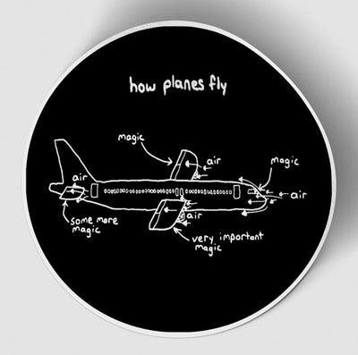 How Planes Fly (Circle) aviation themed sticker, weather-resistant vinyl.