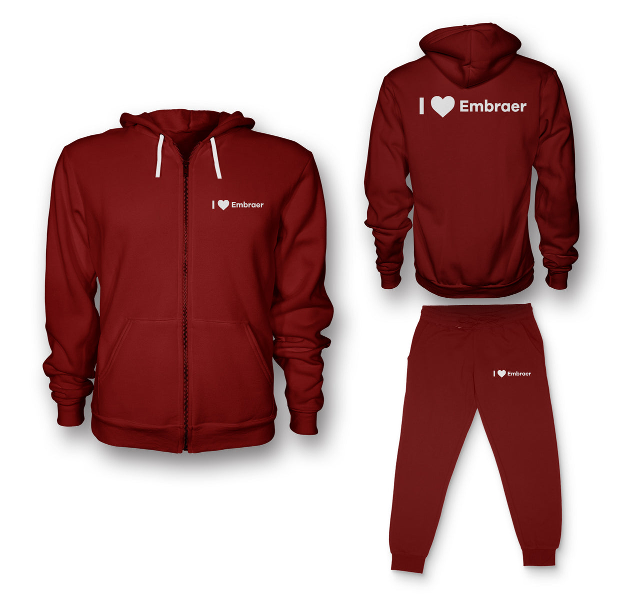 I Love Embraer Designed Zipped Hoodies & Sweatpants Set