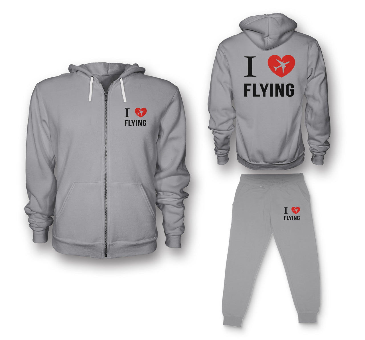 I Love Flying Designed Zipped Hoodies & Sweatpants Set
