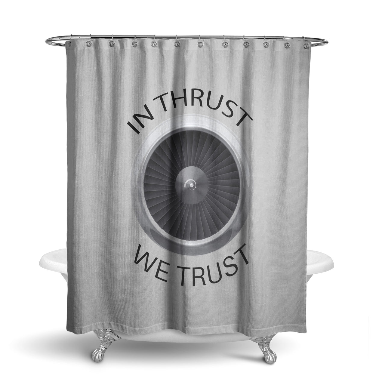 In Thrust We Trust Designed Shower Curtains