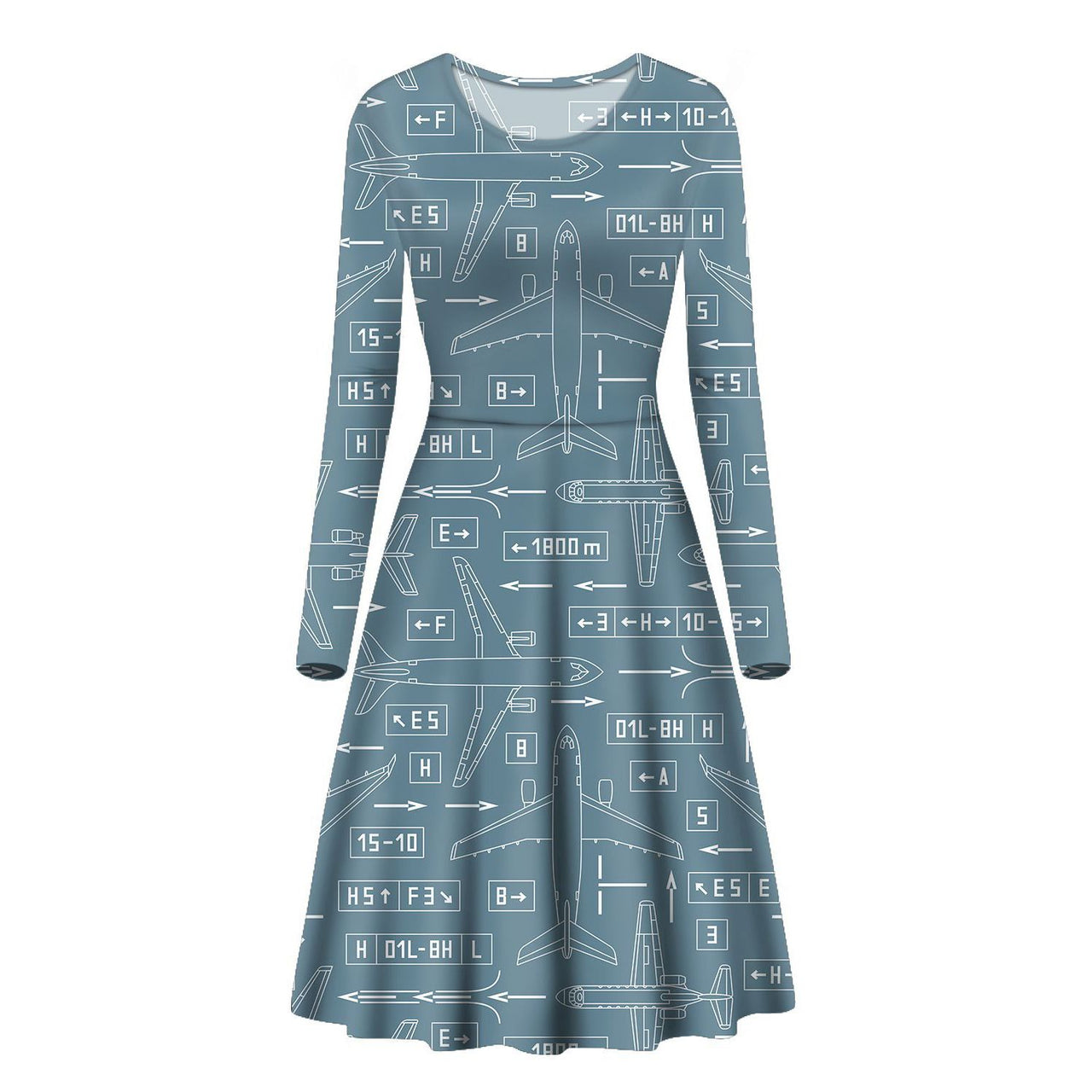 Jet Planes & Airport Signs Designed Long Sleeve Women Midi Dress