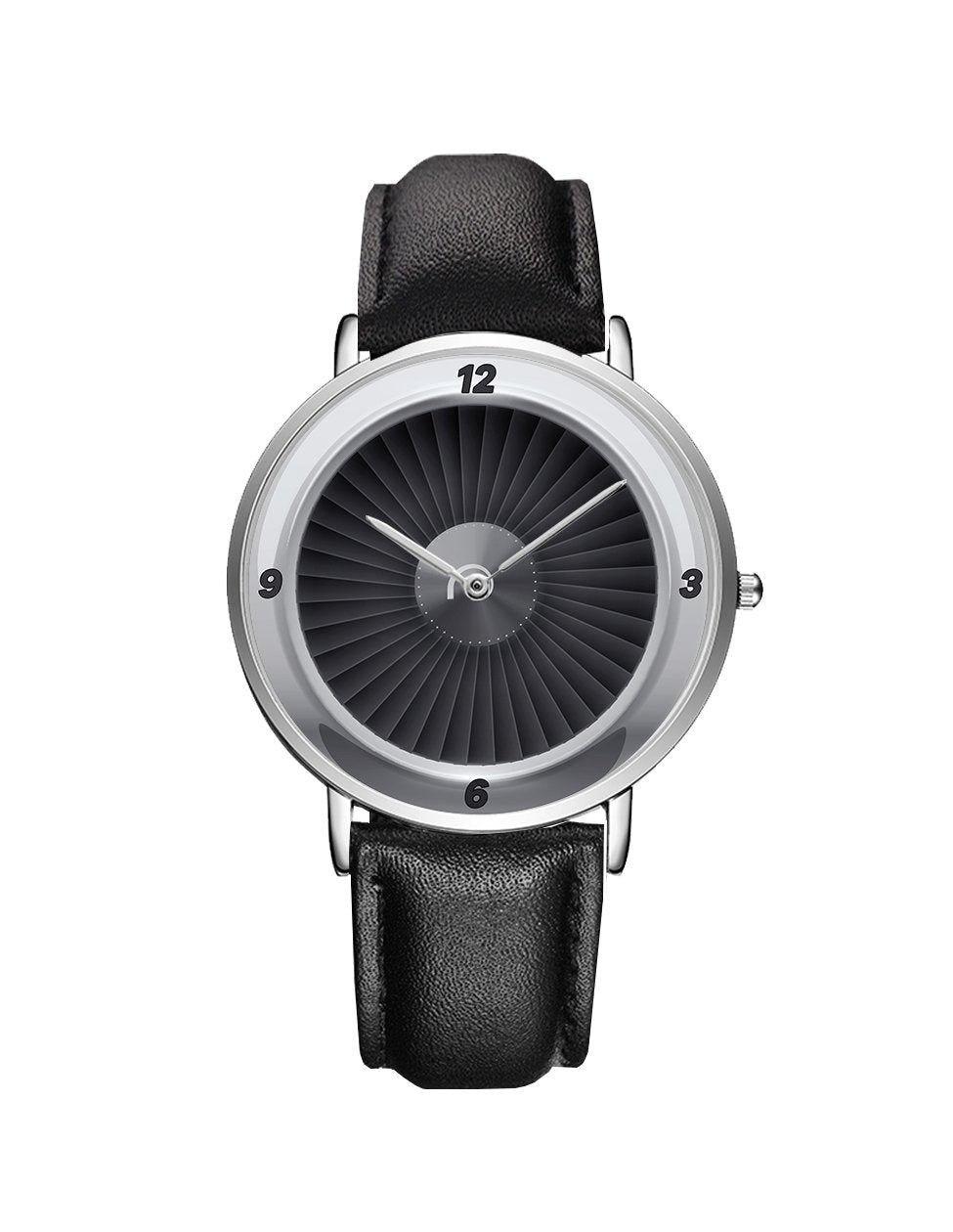 Jet Engine Designed Leather Strap Watches Pilot Eyes Store Silver & Black Leather Strap 
