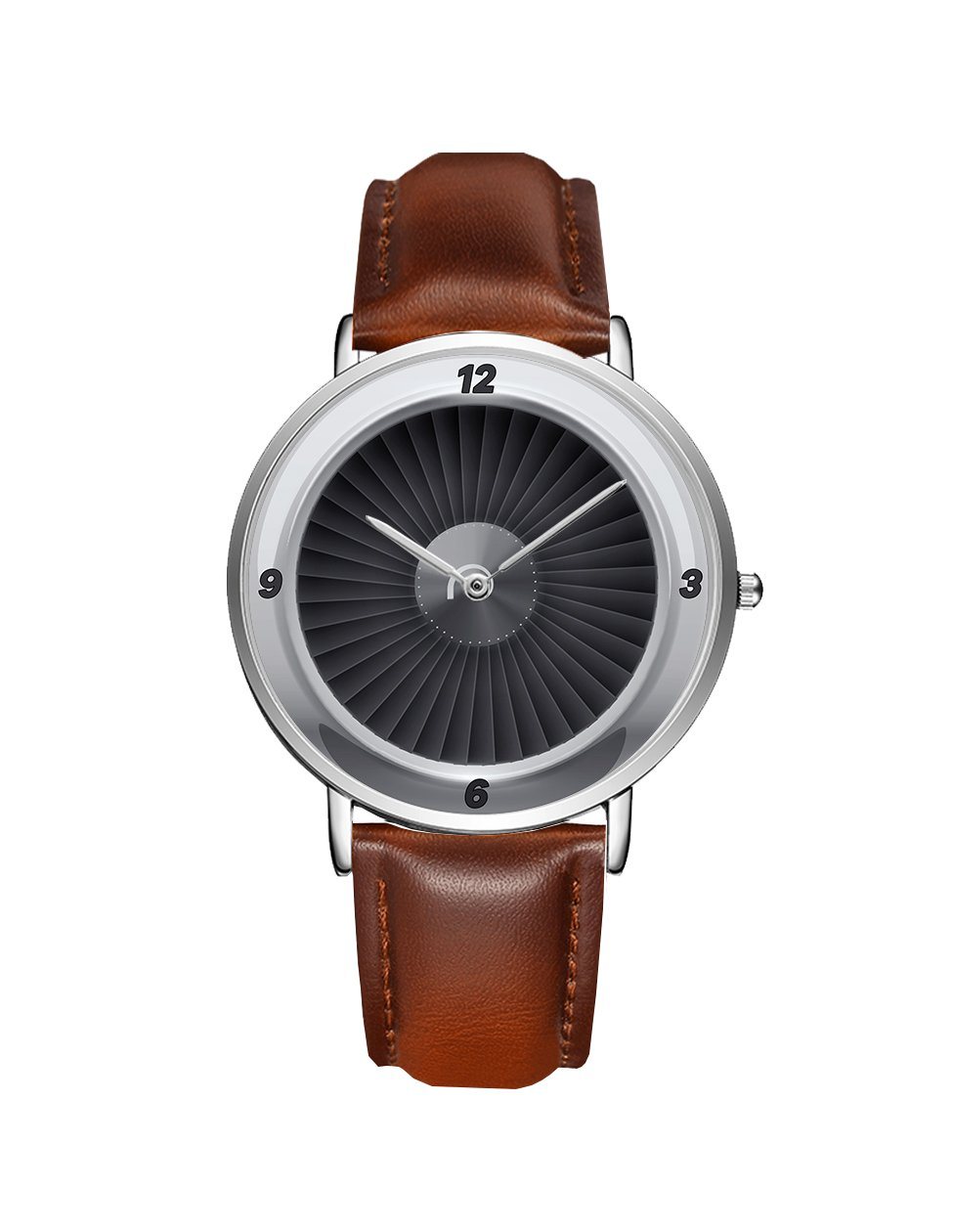 Jet Engine Designed Leather Strap Watches Pilot Eyes Store Silver & Brown Leather Strap 
