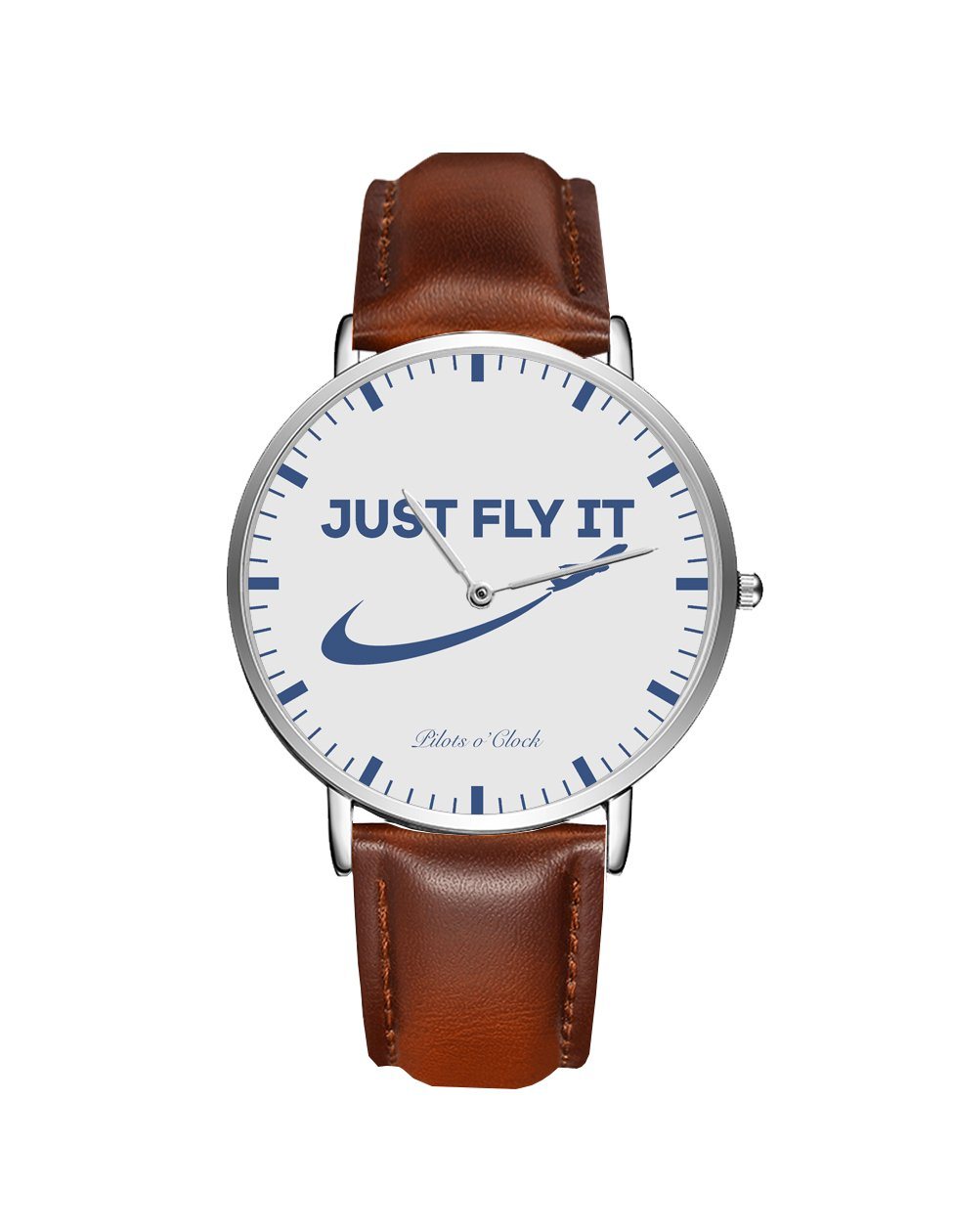 Just Fly It 2 Leather Strap Watches Pilot Eyes Store Silver & Brown Leather Strap 