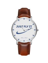 Thumbnail for Just Fly It 2 Leather Strap Watches Pilot Eyes Store Silver & Brown Leather Strap 