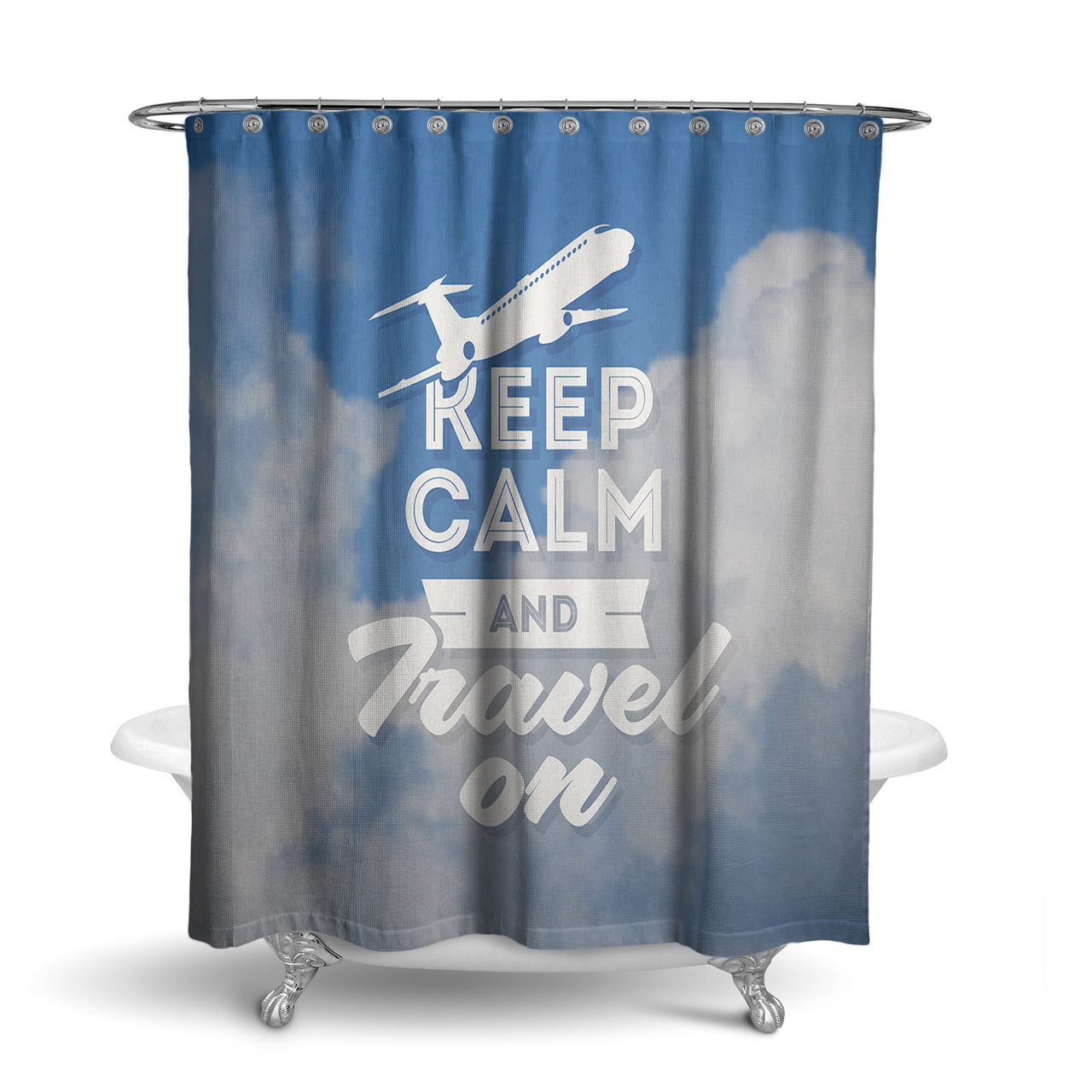 Keep Calm and Travel On Designed Shower Curtains