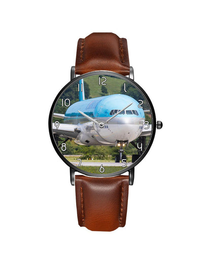 Side view of Face to Face with Korean Airways Boeing 777 aviation slim watch in stainless steel, polished finish.