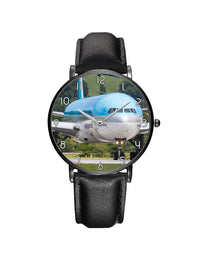 Thumbnail for Face to Face with Korean Airways Boeing 777 Leather Strap Watches Aviation Shop Black & Black Leather Strap 