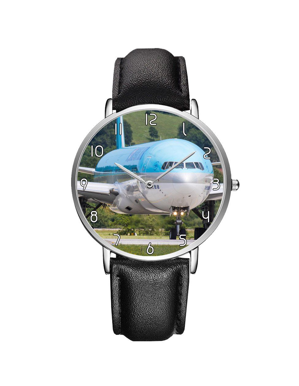 Face to Face with Korean Airways Boeing 777 Leather Strap Watches Aviation Shop Silver & Black Leather Strap 