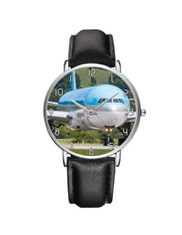 Thumbnail for Face to Face with Korean Airways Boeing 777 Leather Strap Watches Aviation Shop Silver & Black Leather Strap 