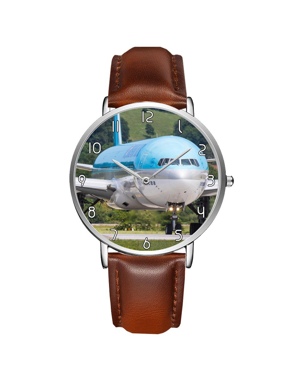 Face to Face with Korean Airways Boeing 777 Leather Strap Watches Aviation Shop Silver & Brown Leather Strap 