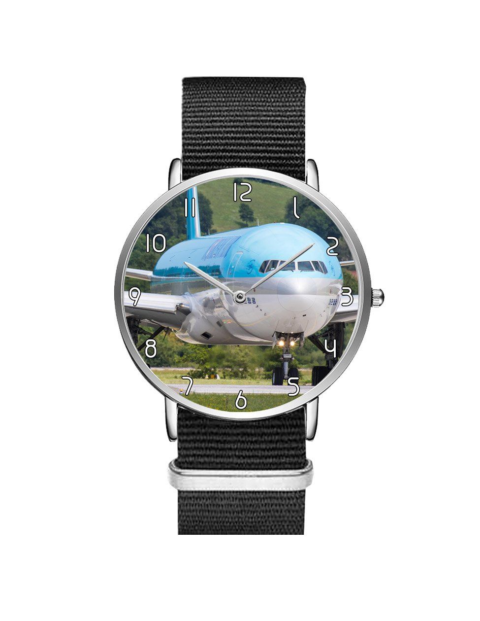 Face to Face with Korean Airways Boeing 777 Leather Strap Watches Aviation Shop Silver & Black Nylon Strap 