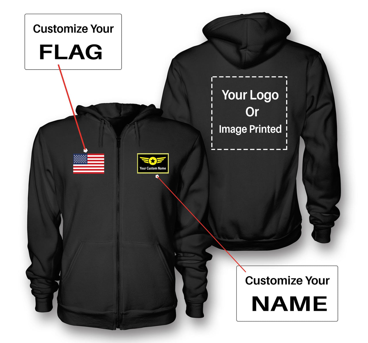 Custom Name & Flag & Logo Designed Zipped Hoodies