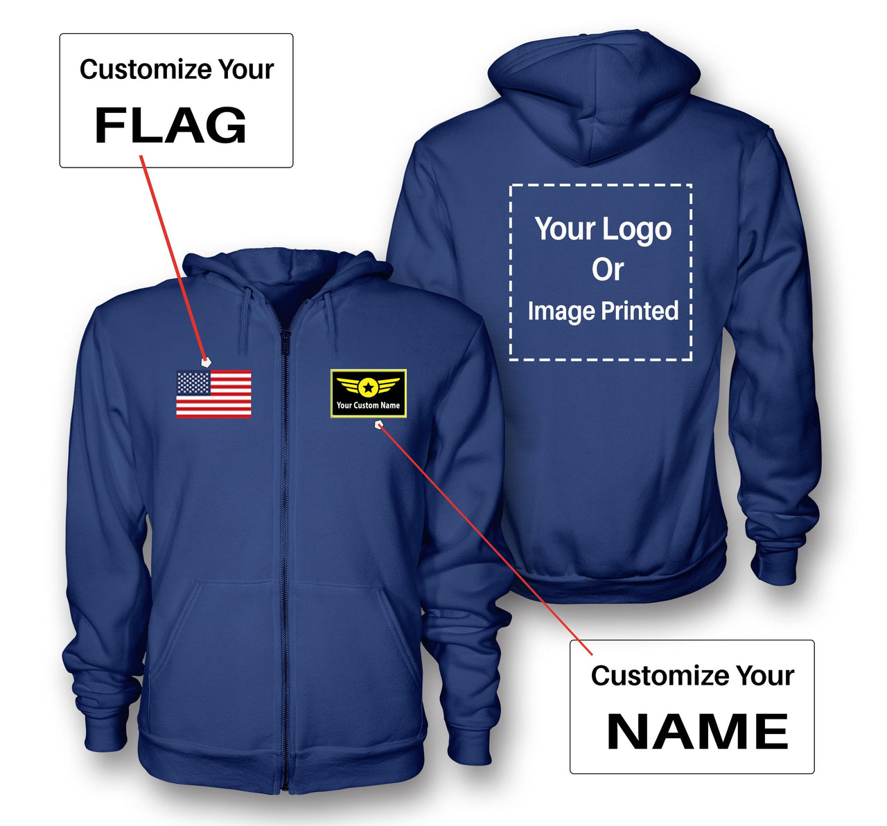 Custom Name & Flag & Logo Designed Zipped Hoodies