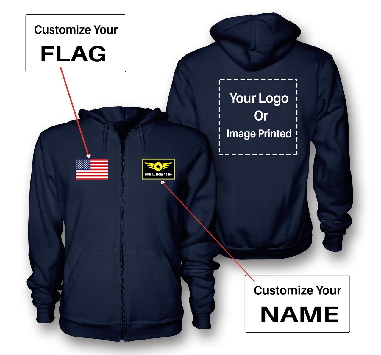 Custom Name & Flag & Logo Designed Zipped Hoodies