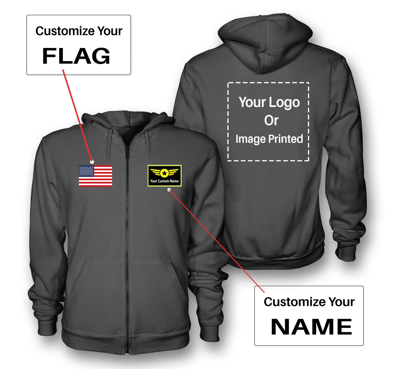 Custom Name & Flag & Logo Designed Zipped Hoodies
