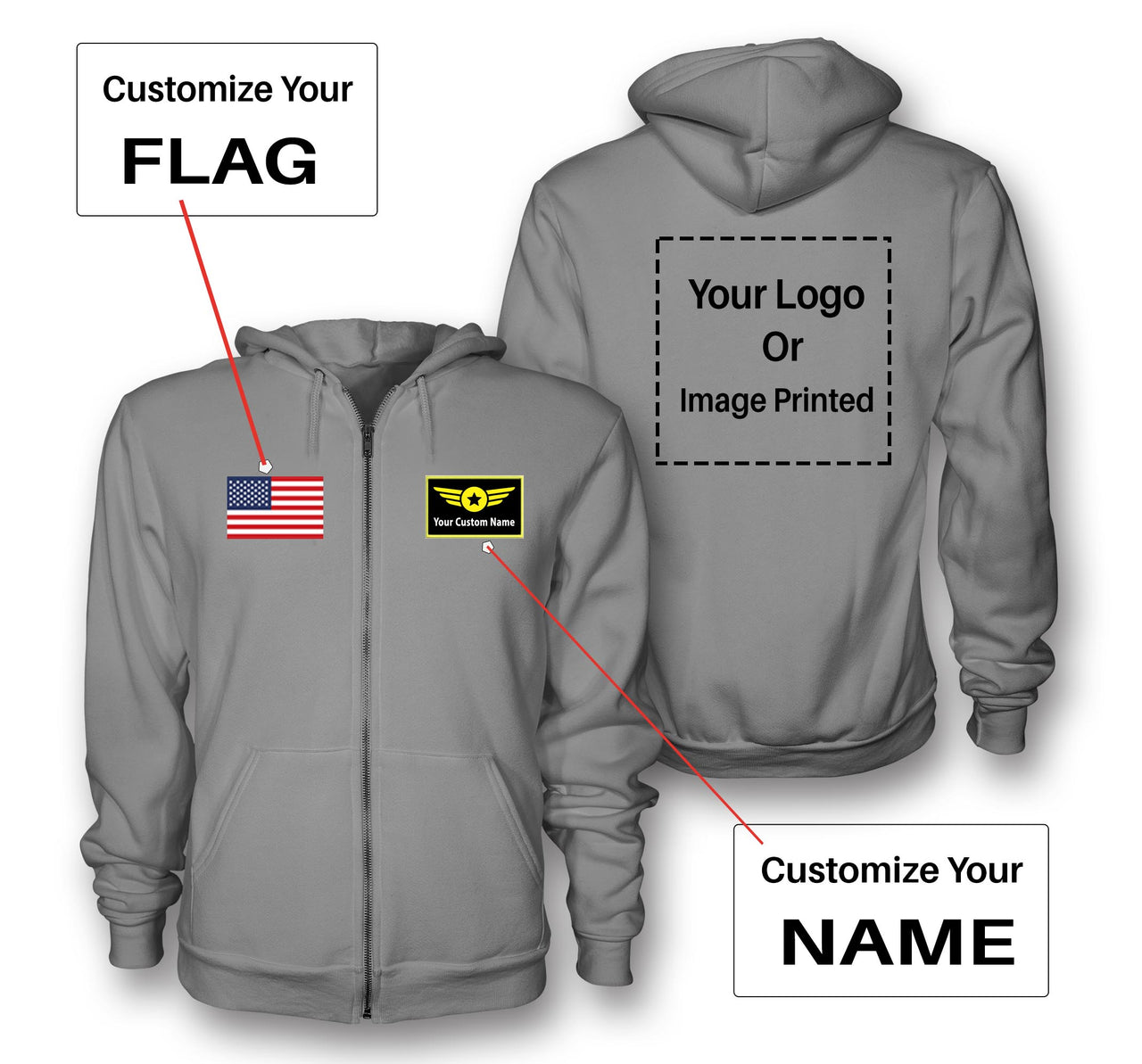 Custom Name & Flag & Logo Designed Zipped Hoodies