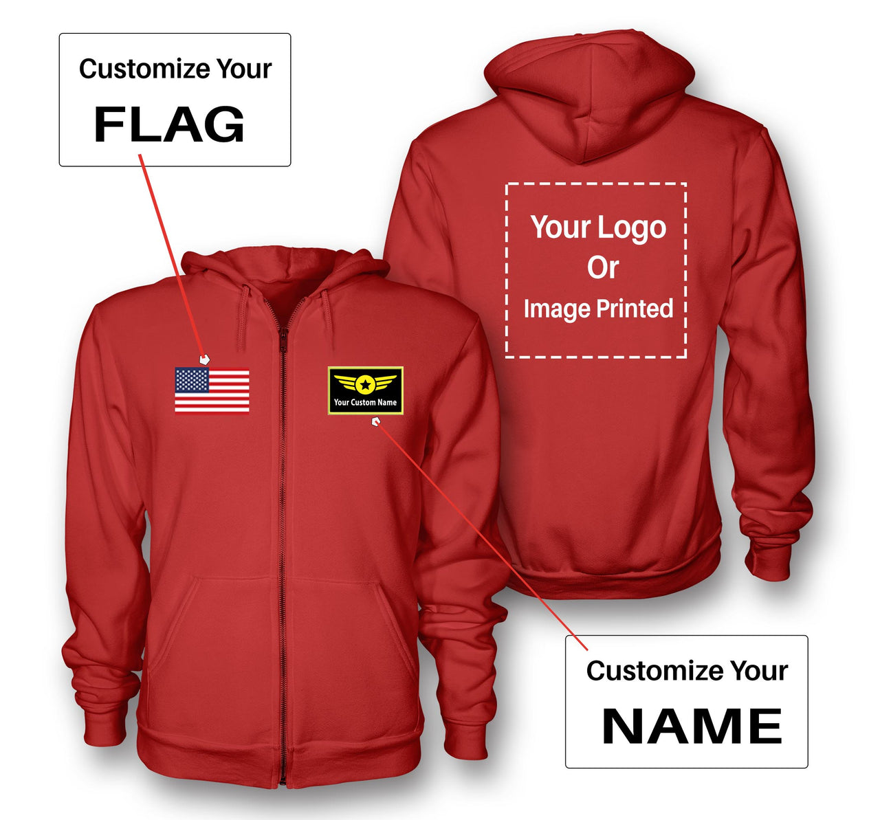 Custom Name & Flag & Logo Designed Zipped Hoodies