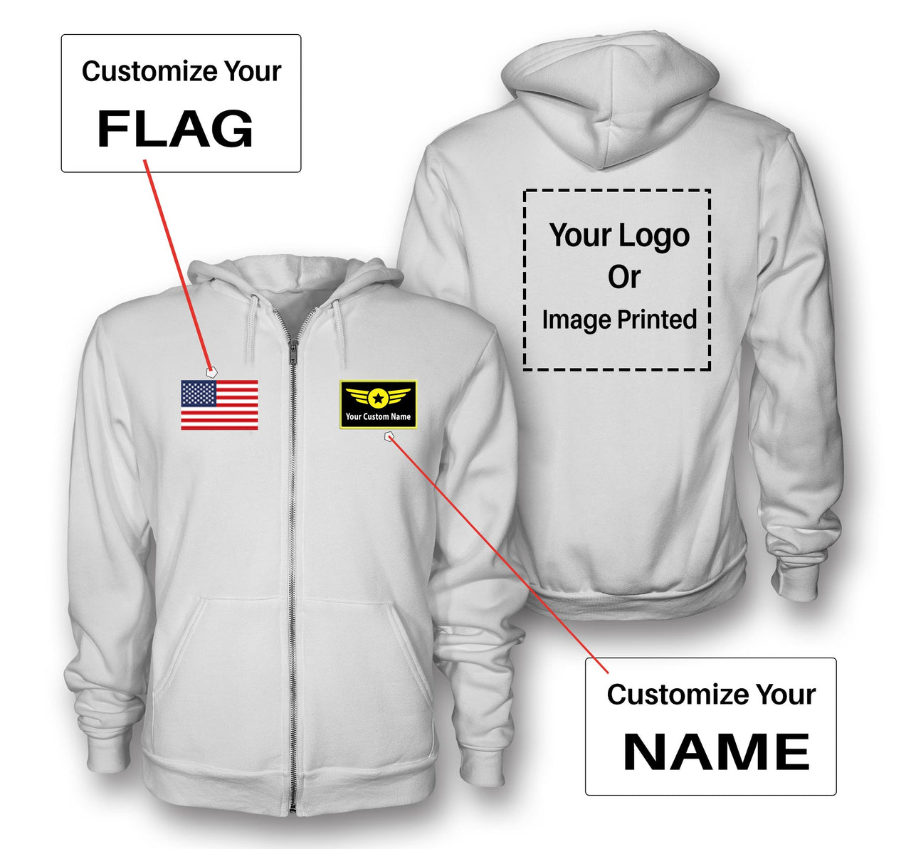 Custom Name & Flag & Logo Designed Zipped Hoodies