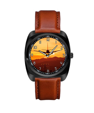 Landing Aircraft During Sunset aviation luxury watch, stainless steel body with engraved detail.
