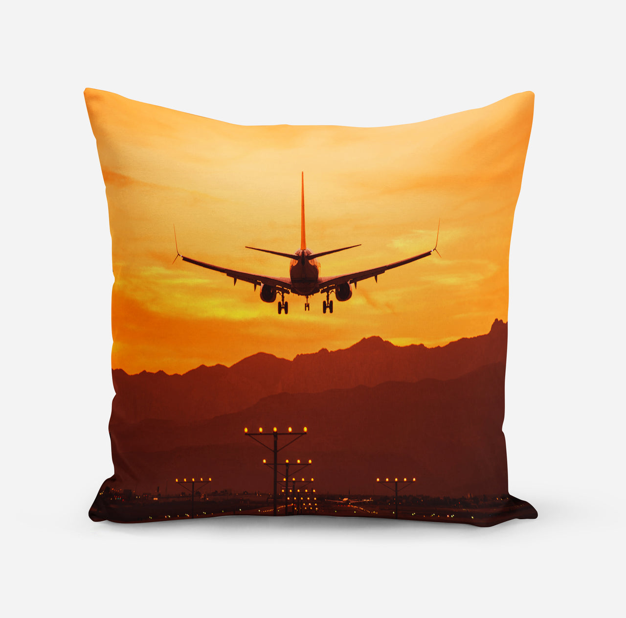 Landing Aircraft During Sunset Designed Pillows