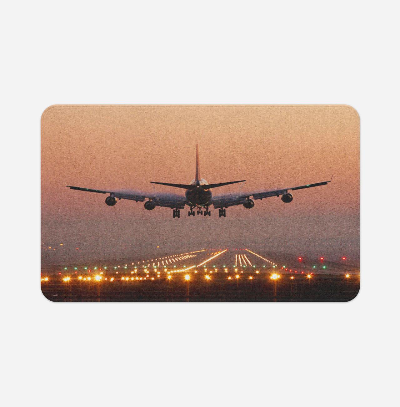 Landing Boeing 747 During Sunset Designed Bath Mats
