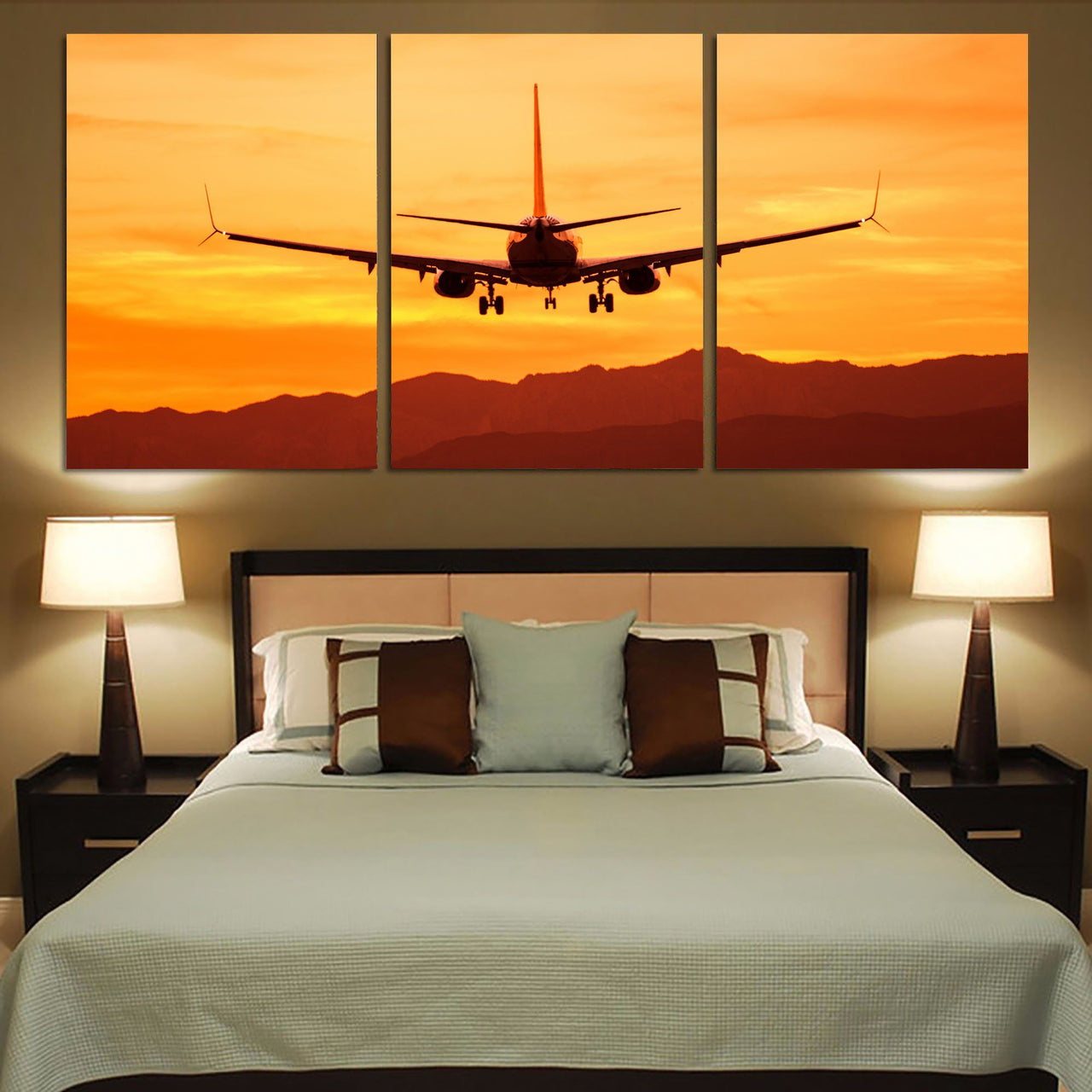 Landing Aircraft During Sunset Printed Canvas Posters (3 Pieces) Aviation Shop 