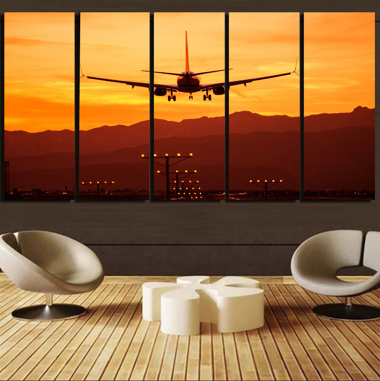 Landing Aircraft During Sunset Printed Canvas Prints (5 Pieces) Aviation Shop 