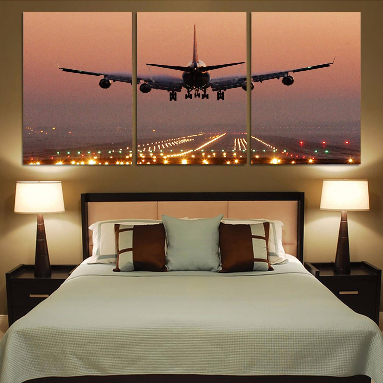 Landing Boeing 747 During Sunset Printed Canvas Posters (3 Pieces) Aviation Shop 