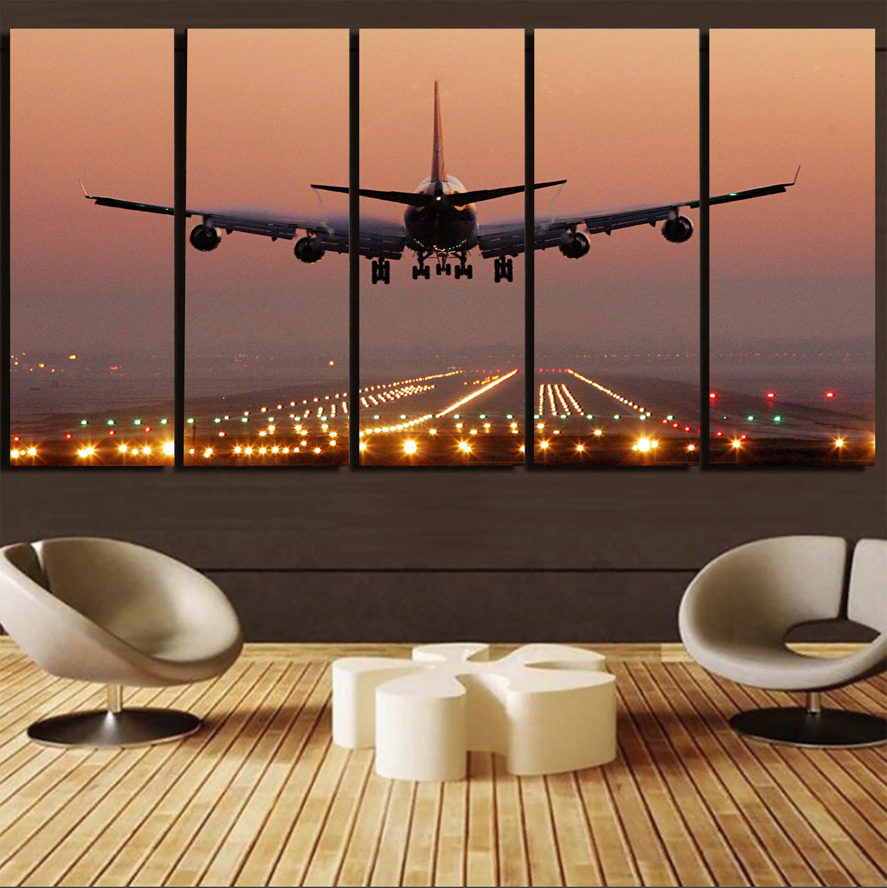 Landing Boeing 747 During Sunset Canvas Prints (5 Pieces)