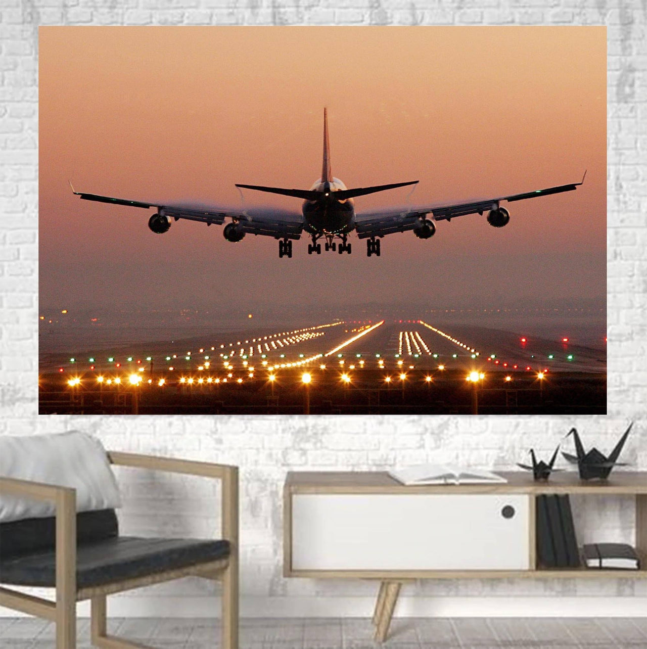 Landing Boeing 747 During Sunset Printed Canvas Posters (1 Piece) Aviation Shop 