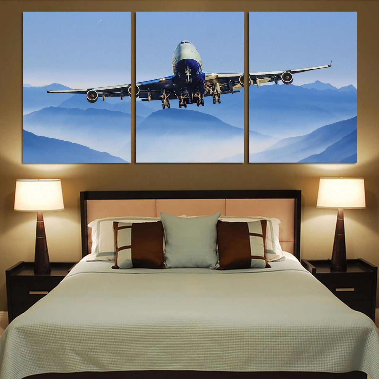 Landing Boeing 747 From Front Printed Canvas Posters (3 Pieces) Aviation Shop 