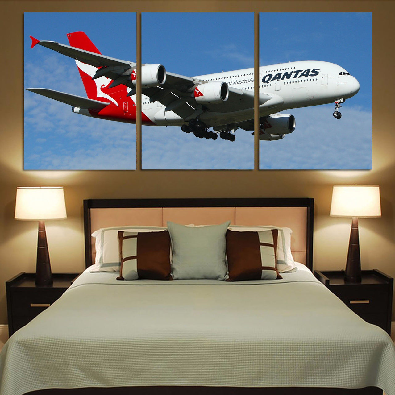 Landing Qantas A380 Printed Canvas Posters (3 Pieces) Aviation Shop 