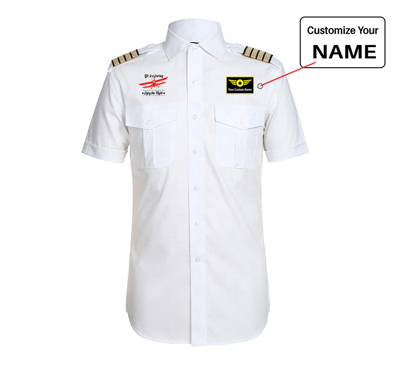 Life is a journey Enjoy the Flight aviation design printed on crisp poplin cotton pilot uniform shirt.