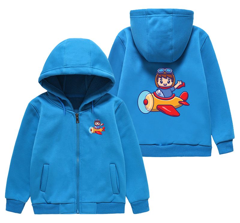 Cute Boy Driving Plane Cartoon Designed "CHILDREN" Zipped Hoodies