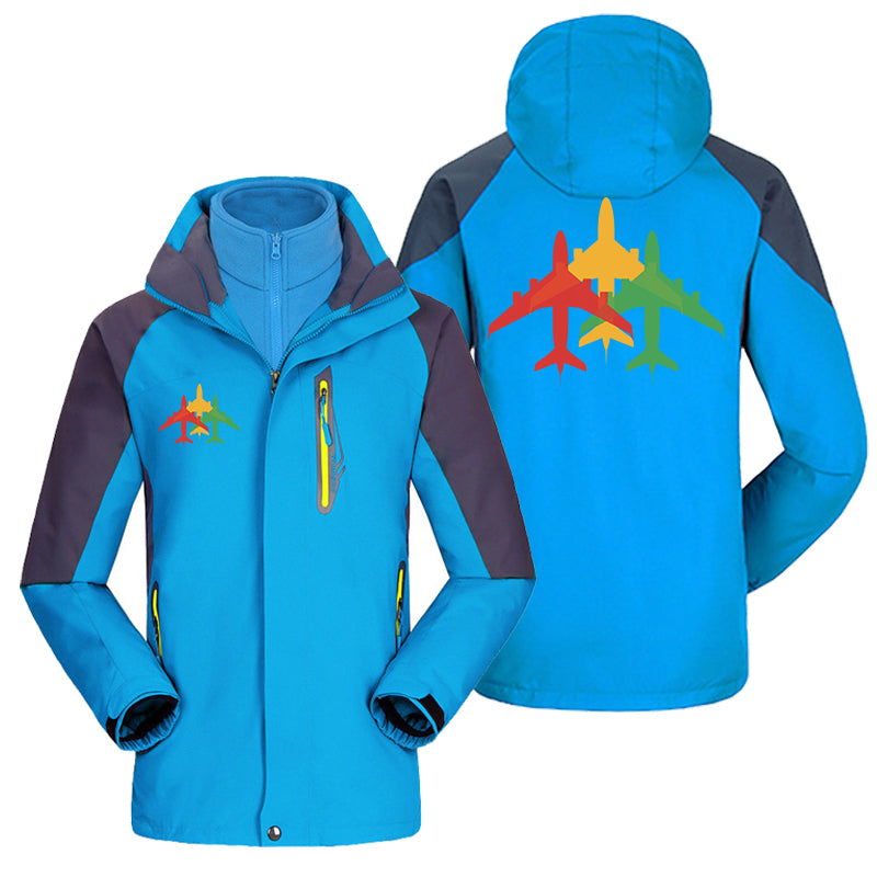 Colourful 3 Airplanes Designed Thick Skiing Jackets