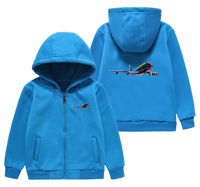 Multicolor Airplane Designed "CHILDREN" Zipped Hoodies