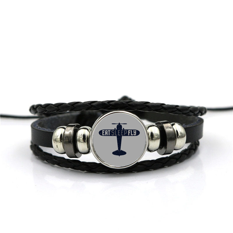 Eat Sleep Fly & Propeller Designed Leather Bracelets