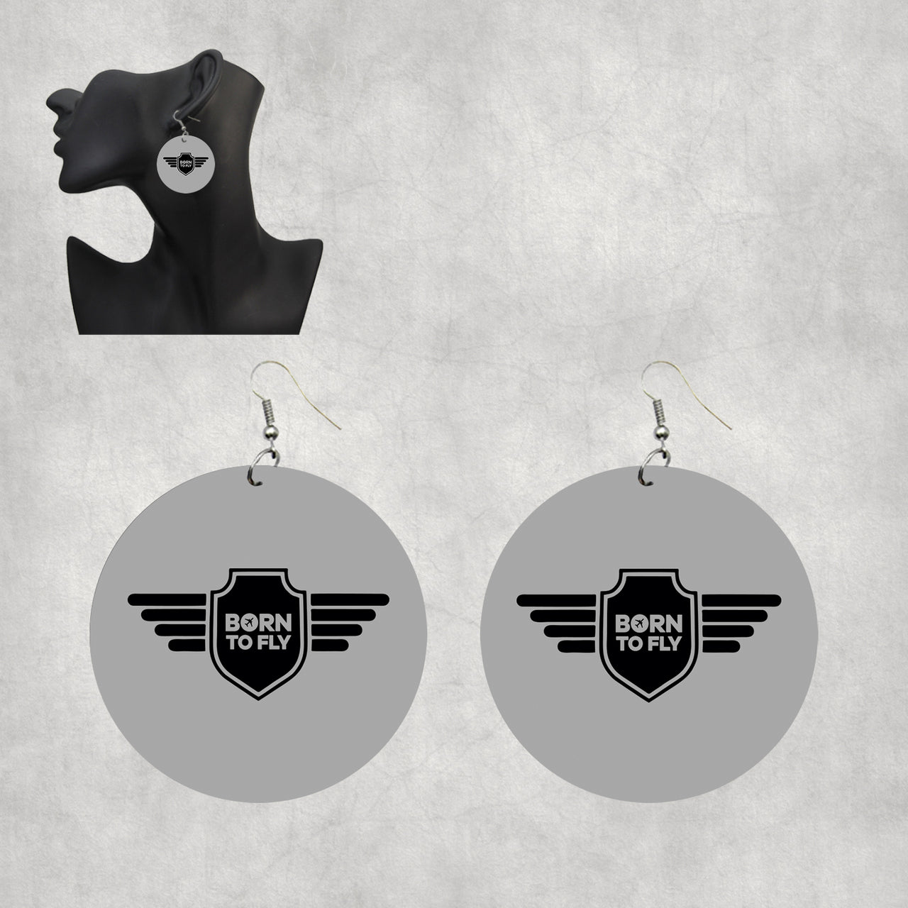 Born To Fly & Badge Designed Wooden Drop Earrings