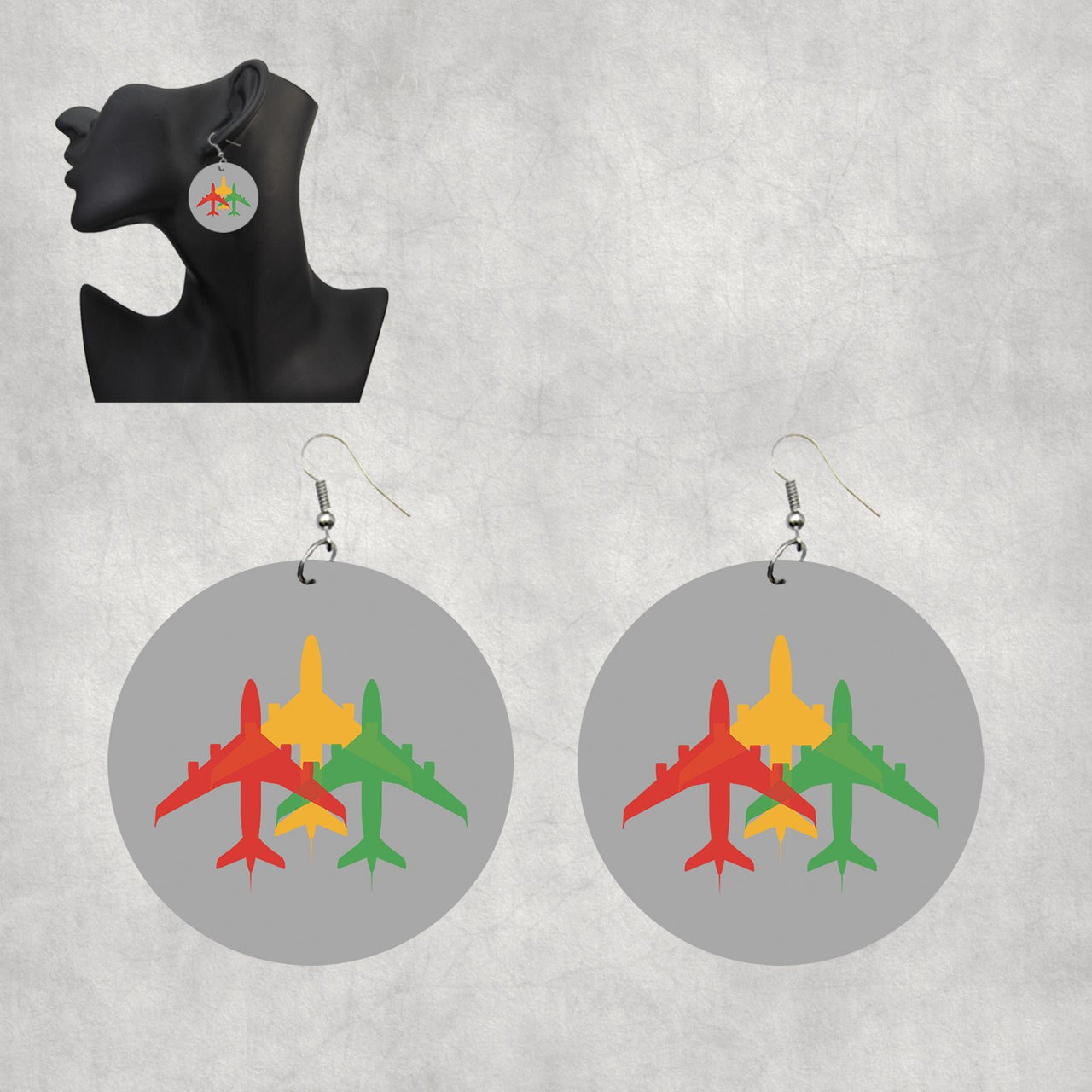Colourful 3 Airplanes Designed Wooden Drop Earrings