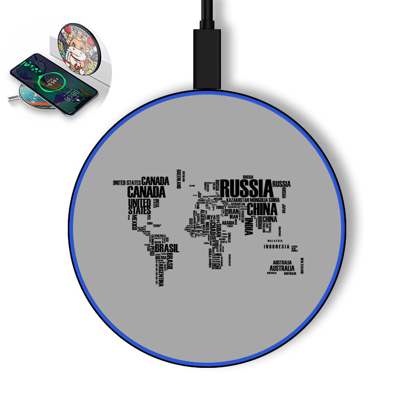 World Map (Text) Designed Wireless Chargers
