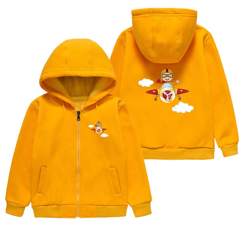 Cartoon Little Boy Operating Plane (Edition 2) Designed "CHILDREN" Zipped Hoodies