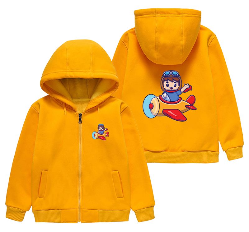 Cute Boy Driving Plane Cartoon Designed "CHILDREN" Zipped Hoodies