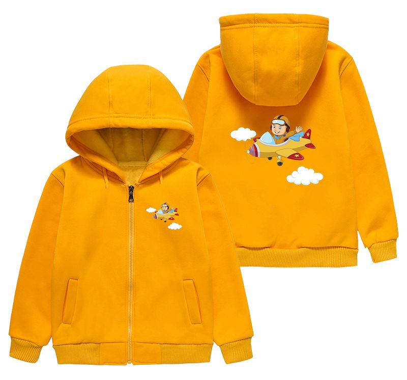 Cartoon Little Boy Operating Plane Designed "CHILDREN" Zipped Hoodies