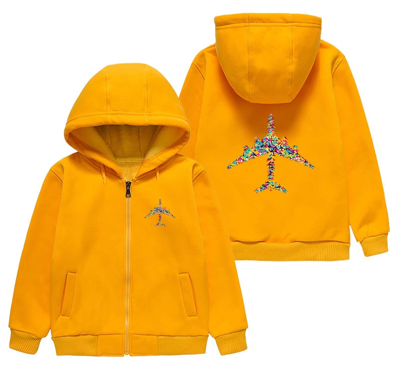 Colourful Airplane Designed "CHILDREN" Zipped Hoodies