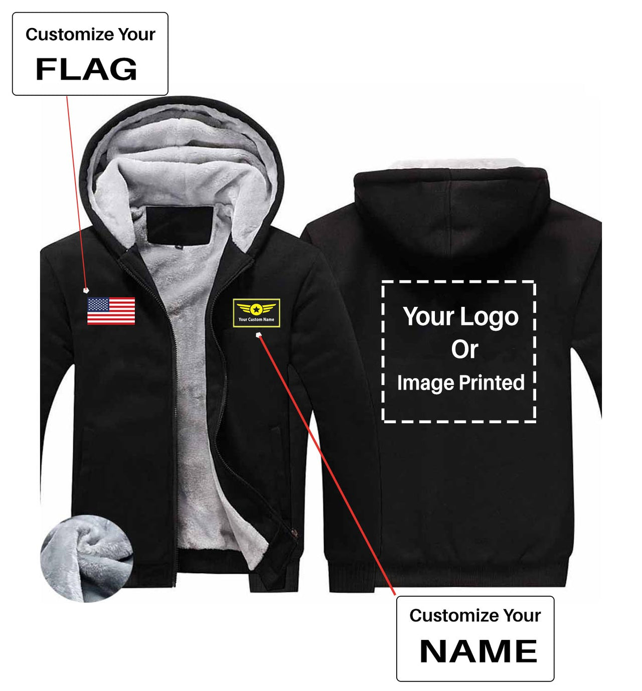 Your Custom Name & Flag + Logo Printed Zipped Sweatshirts