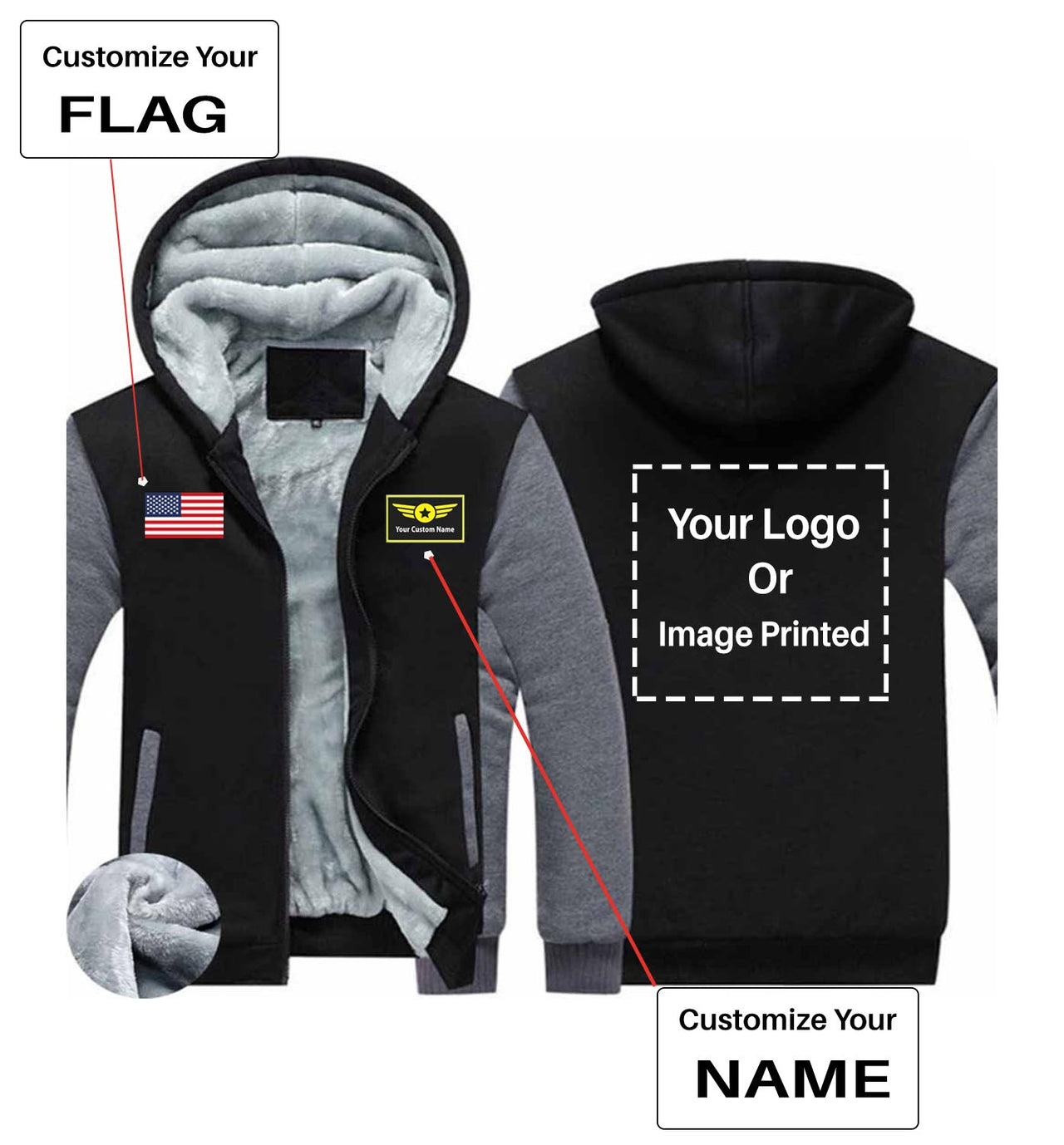 Your Custom Name & Flag + Logo Printed Zipped Sweatshirts