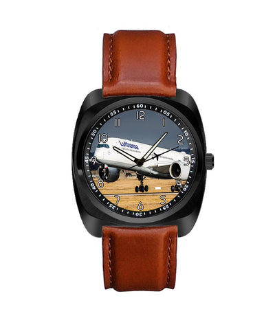 Lufthansa's A350 aviation luxury watch, stainless steel body with engraved detail.