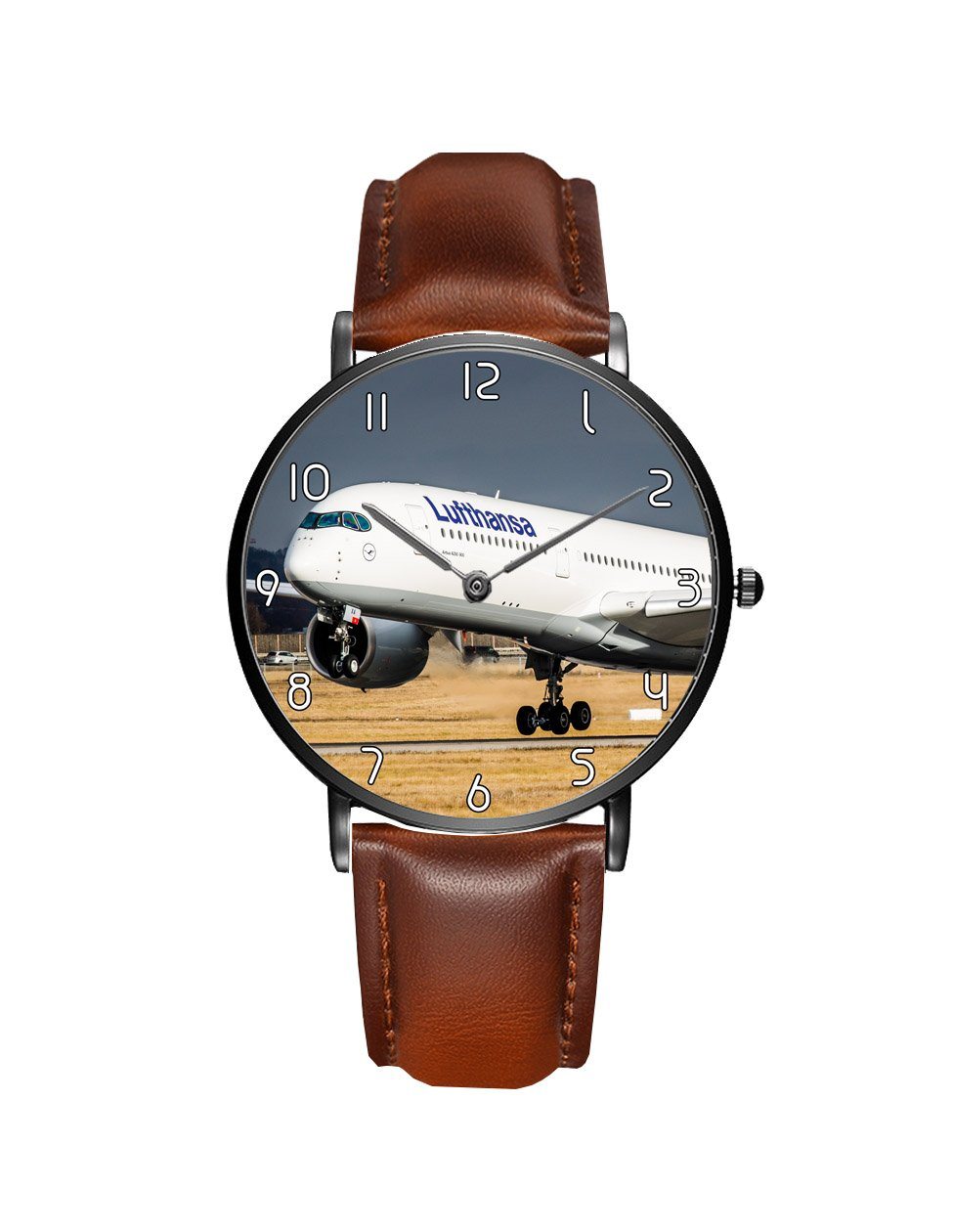Lutfhansa A350 Printed Leather Strap Watches Aviation Shop Black & Brown Leather Strap 