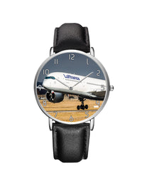 Thumbnail for Lutfhansa A350 Printed Leather Strap Watches Aviation Shop Silver & Black Leather Strap 